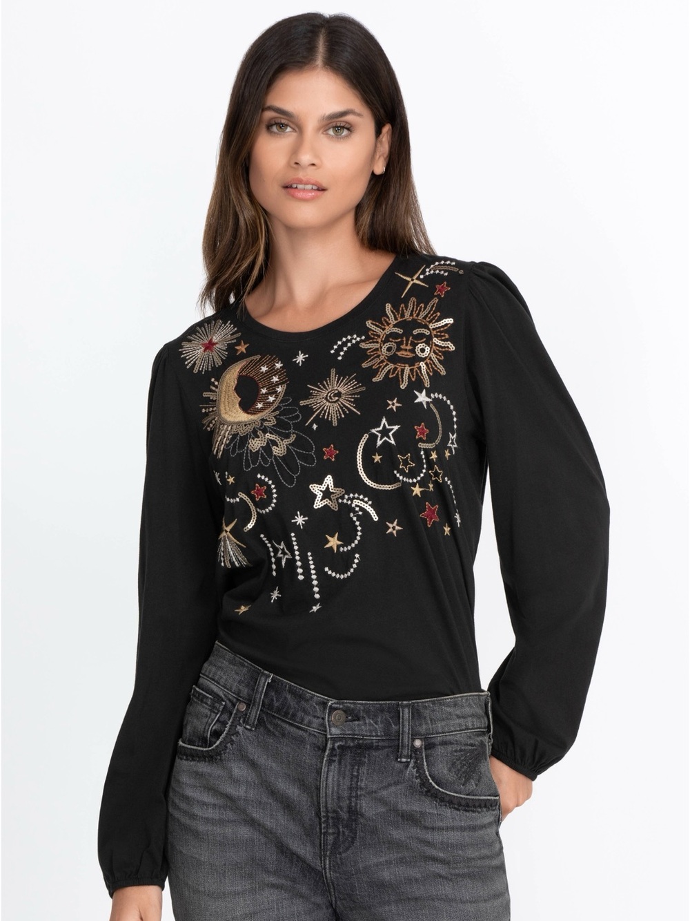 Johnny Was Callisto Sequin Bishop Sleeve Tee Black Tan Red M